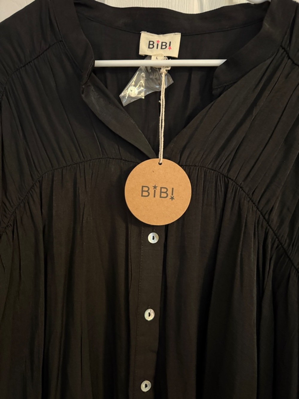 BiBi Black Button-Front Ruffle Sleeve Blouse- soft and flowy - Picture 3 of 4